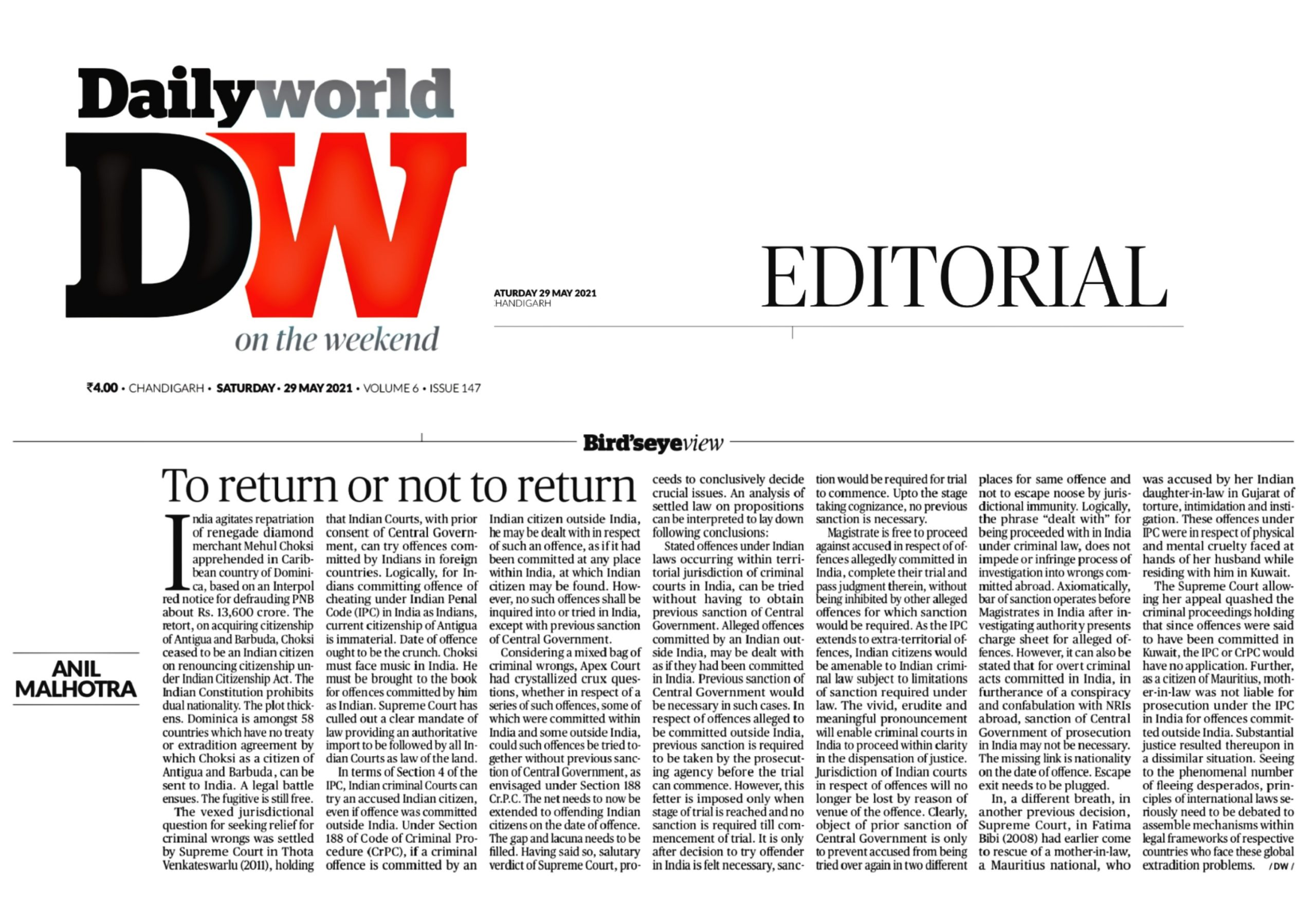 TO RETURN OR NOT TO RETURN - DAILY WORLD - 29.05.2021 Anil Malhotra